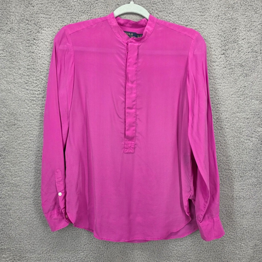 Polo Ralph Lauren Magenta Pink 100% Mulberry Silk Band Collar Tunic‎ Blouse XS